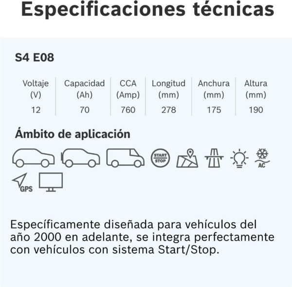 S4E08 Batería Bosch EFB 12V 70Ah 760A -/+ Start Stop · Alto Rendimiento (3)